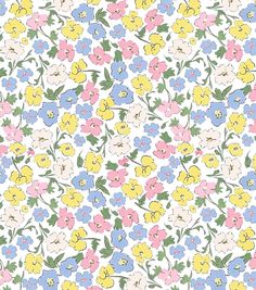 a flowery pattern with many different colors and sizes on white background, suitable for wallpaper or fabric