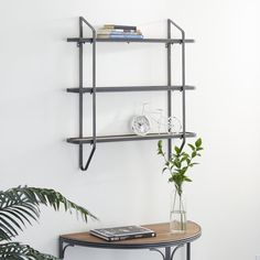 a table with a plant and some books on it next to a wall mounted shelf