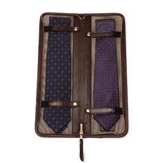 an open suitcase with ties in it on a white background and brown trimmings