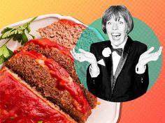 a woman in a tuxedo with meatloaf on a plate