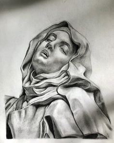 a pencil drawing of the head and shoulders of a woman wearing a veil, with her eyes closed