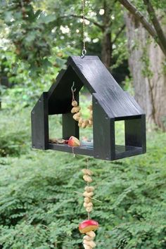 a bird feeder hanging from the side of a tree