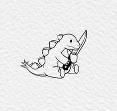 a drawing of a dinosaur with a knife in it's mouth, sitting on the ground