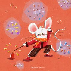 a painting of a mouse holding a cane in front of some sprinkles