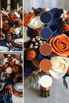 an orange, blue and white wedding color scheme with flowers in the centerpieces