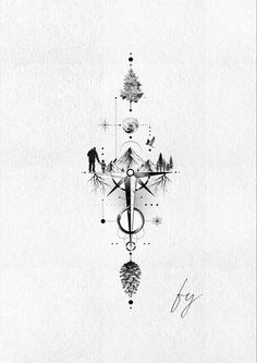 a black and white drawing of a compass with trees on it's side, surrounded by other symbols