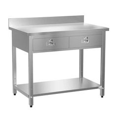 a stainless steel table with two drawers on one side and an open drawer on the other