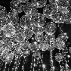 black and white photograph of balloons with string lights