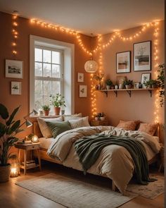 a bedroom with lights strung from the ceiling