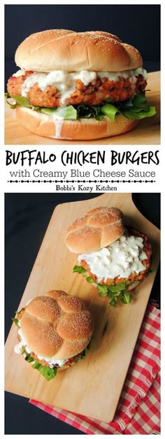 two different views of a chicken burgers with creamy blue cheese sauce and lettuce