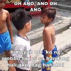 three young boys standing next to each other in front of stairs with words above them