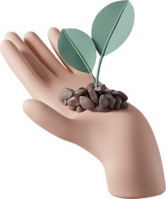 a person's hand holding some rocks and a green leaf on top of it