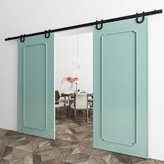 an open sliding door in a dining room