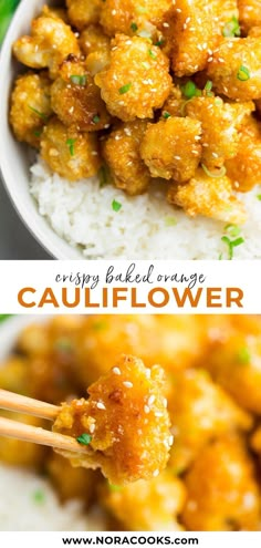 two pictures of cauliflower and rice with chopsticks in the foreground