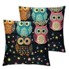 two pillows with colorful owls on them, one has stars and the other has an owl