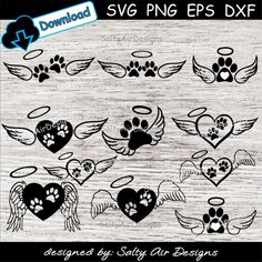 dog paws and hearts with wings on wood background, svg eps dxf