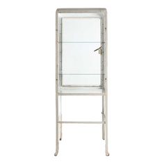 a white metal and glass display cabinet with two shelves on one side, the top shelf is