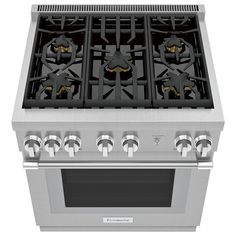 a stainless steel stove with four burners and two griddles on the front