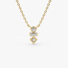 Made to Order
Gold KT: 14K Solid Gold
Round Diamond: 2 pcs 1.75 MM
Baguette Diamond: 1 pc 3x1.5 MM
Total CTW: 0.13ctw
Diamond Color-Clarity: G Color VS Clarity
Setting Type: Bezel and Chanel

A dazzling baguette cut diamond is cradled above and below with a single stunning round cut diamond. Baguette Diamond Necklace, Round Diamond Pendant, Baguette Necklace, Vintage Jewelry Repurposed, Diamond Pendants Designs, Pendant Sets, Diamond Necklace Designs, Diamond Pendants, Diamond Necklace Set