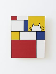 a square painting with a cat on it's face in red, yellow and blue