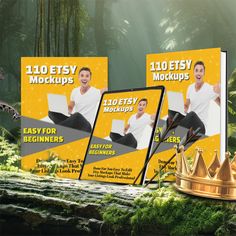 two book covers with an image of a man on a laptop in the middle and a gold trophy next to it