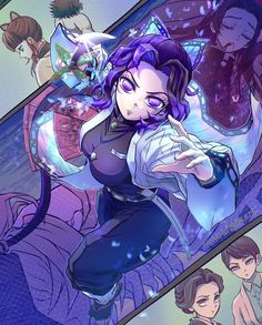 an anime character with purple hair and blue eyes is posing in front of some other characters