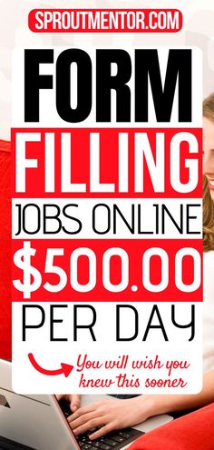 a woman is typing on her laptop with the text form filing jobs online $ 500 00 per day