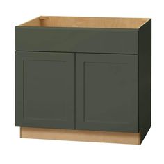 a gray cabinet with two doors and drawers