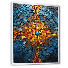 a colorful mosaic tile wall hanging on a white wall with blue, yellow and orange colors