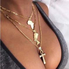 18k Gold Plated 3 Piece Set ! Comes With Ankh Necklace , Mini Africa Map And Nefertiti Necklace The Ankh Necklace Is 23 Inch The Mini Africa Is 18inch And Nefertiti Is 18inch Latina Necklace Combo, Ankh Necklace Aesthetic, Female Chains, Jewelry Combos, Nefertiti Necklace, The Ankh, Etsy Engagement Rings, Africa Necklace, Ankh Necklace