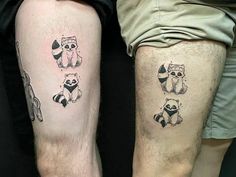 two people with matching tattoos on their legs, one has a panda and the other has a raccoon