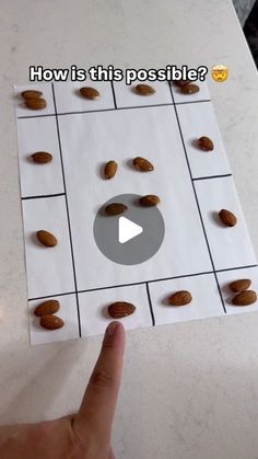 a hand is pointing at a board game with almonds on it and the words how is this possible?