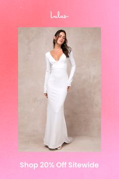 a woman in a white dress with the words shop 20 % off site on it