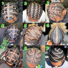 many different styles of braids on the back of a man's head, all with