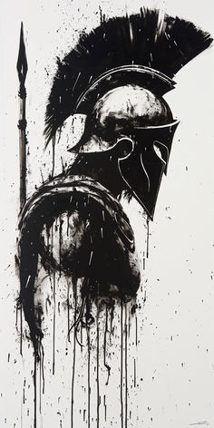 a black and white drawing of a spartan helmet with paint splatters on it