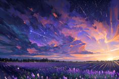 the sky is filled with stars and clouds above lavender fields at sunset, as seen from an artist's point of view