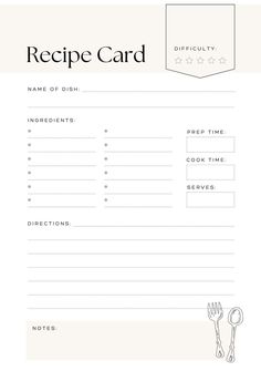 a recipe card with utensils on it and the words'recipe card '