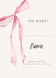 a baby shower is shown with pink ribbon on the front and back of it's card