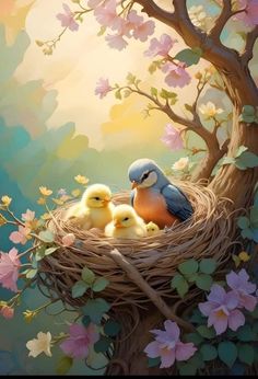 a painting of two birds sitting on top of a nest with baby chicks in it