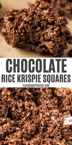 chocolate rice krispie squares are stacked on top of each other and ready to be eaten