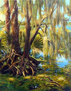 an oil painting of trees and water in a swamp