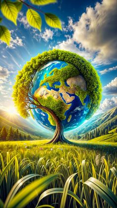 an artistic painting of the earth with trees and grass on it's sides, in front of a blue sky