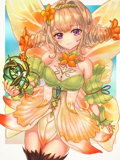 an anime character dressed as a fairy with flowers in her hair