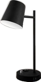 a black lamp with a white shade on it