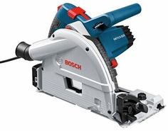 bosch circular saw on white background with red and blue trimming tool attached to the blade