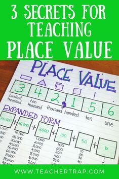 three secrets for teaching place value on a piece of paper with the title, 3 secrets for teaching place value