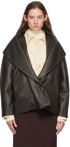 Buffed faux-leather jacket. · Shawl collar · Double-breasted button closure · Welt pockets · Welt pocket at interior · Full sateen lining Supplier color: Dark brown Brown Shawl, Black Shawl, Leather Jackets Women, Faux Leather Jackets, Shawl Collar, Welt Pockets, Welt Pocket, Double Breasted, Apparel Accessories