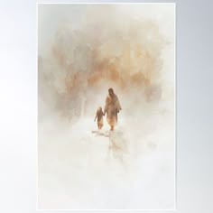 a man and his dog walking through the foggy sky poster print on white paper