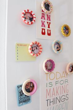 a refrigerator with magnets and pictures on the fridge's side, which says today is for making things happen