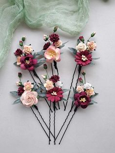 This set burgundy flower hair pins wedding , of artificial flowers This a beautiful and delicate hair accessory for brides and a nice gift to the bridesmaids   On the wedding day, every bride wants to look fantastic. This flower hair piece , will be a magical addition to your look on your happiest day.  This will emphasize the ease of your image.  The comb is very conveniently attached to the hair and fits in with any hairstyle.  -Material- artificial pearl and artificial greenery  -Colors-  burgundy, rust, green, white - Unique handmade.  Wedding - is one of the most important events in the life of any girl I am happy to try to make the most beautiful decoration for you, to make you feel the most beautiful bride. You deserve the best! Flower Accessories For Hair, Orange Burgundy Wedding, Burgundy Wedding Hair, Flower Hair Pins Wedding, Floral Hair Piece, Flower Hair Piece, Hair Pins Wedding, Flower Hair Pins, Floral Hair Pieces